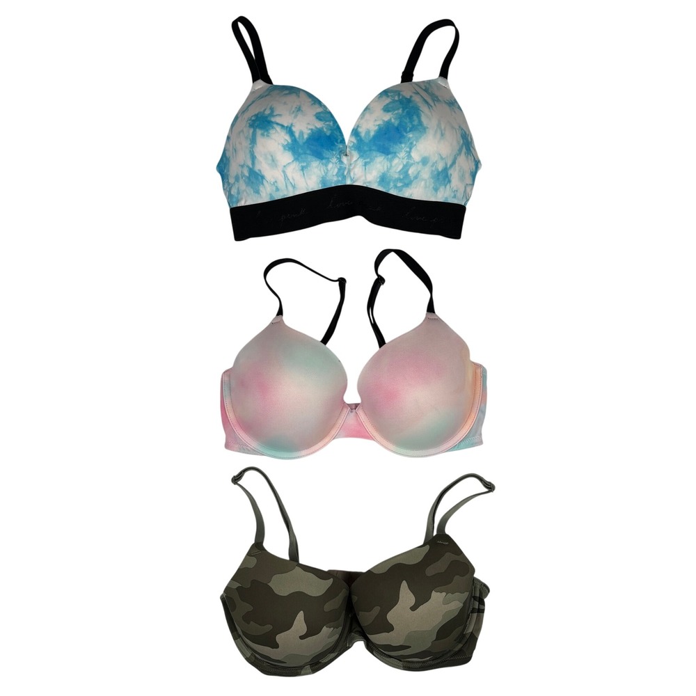 Victoria's Secret PINK Bra Bundle 34D Tie Dye Camo Push Up‎ T-Shirt Lot of 3